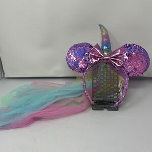 Disney Parks Minnie Mouse Ears Pink Purple Sequin Unicorn Rainbow Veil Used
